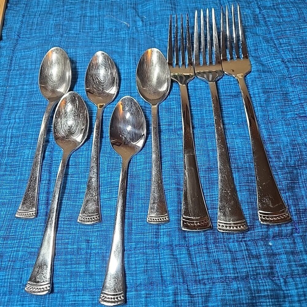 8 Pc. Lenox PORTOLA 18/10 Stainless Steel Flatware Dinner Forks Teaspoons